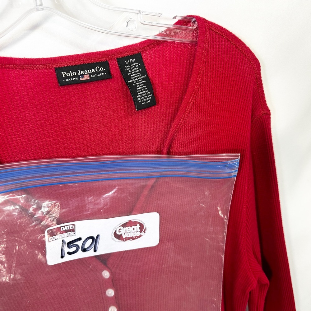 VTG Polo Ralph Lauren Medium Henley Top Red Waffle Knit Thermal Y2K Preppy 1501 - Picture 8 of 8